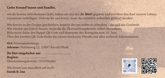 Rückseite der Einladungskarte mit PayPal- und Website-QR-Code